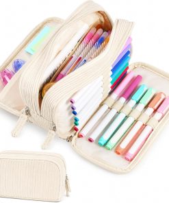 Sooez Big Capacity Pencil Case Pen Pouch. Soft Corduroy Pencil Bag with 3 Compartment. Multiple Pockets. Sturdy Zipper. Cute School Supplies Pen Bag Organizer For Teen Girls College. Beige
