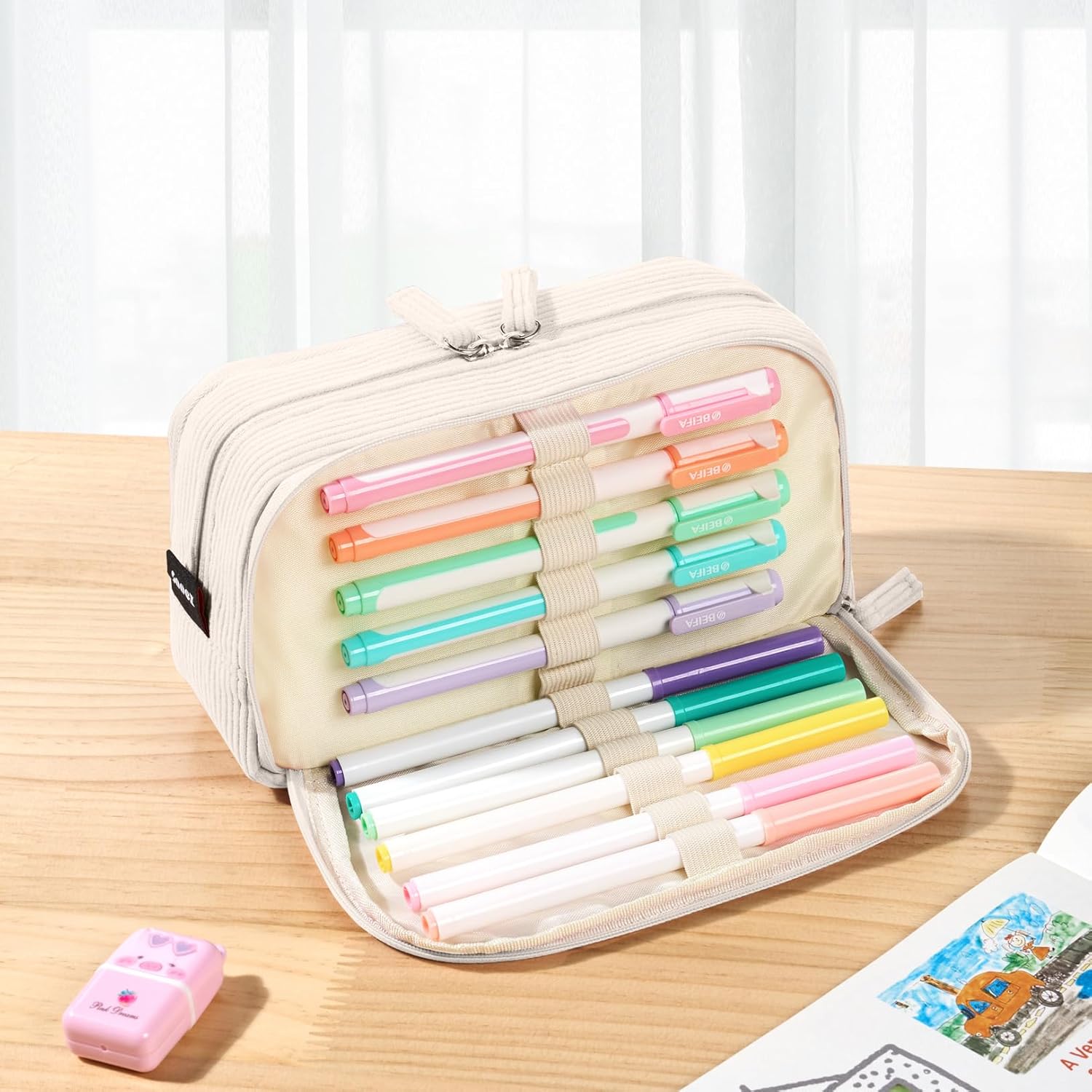 Sooez Big Capacity Pencil Case Pen Pouch. Soft Corduroy Pencil Bag with 3 Compartment. Multiple Pockets. Sturdy Zipper. Cute School Supplies Pen Bag Organizer For Teen Girls College. Beige - Image 6