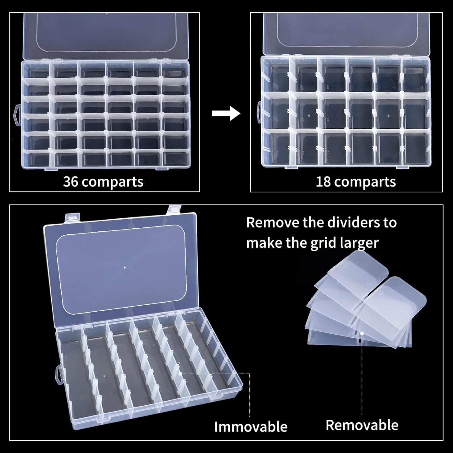 2 Pack Clear Bead Organizer Tackle Box with Adjustable Dividers for Jewelry Art Craft Containers 36 Grids Compartment with 5 Sheets Label Stickers - Image 4