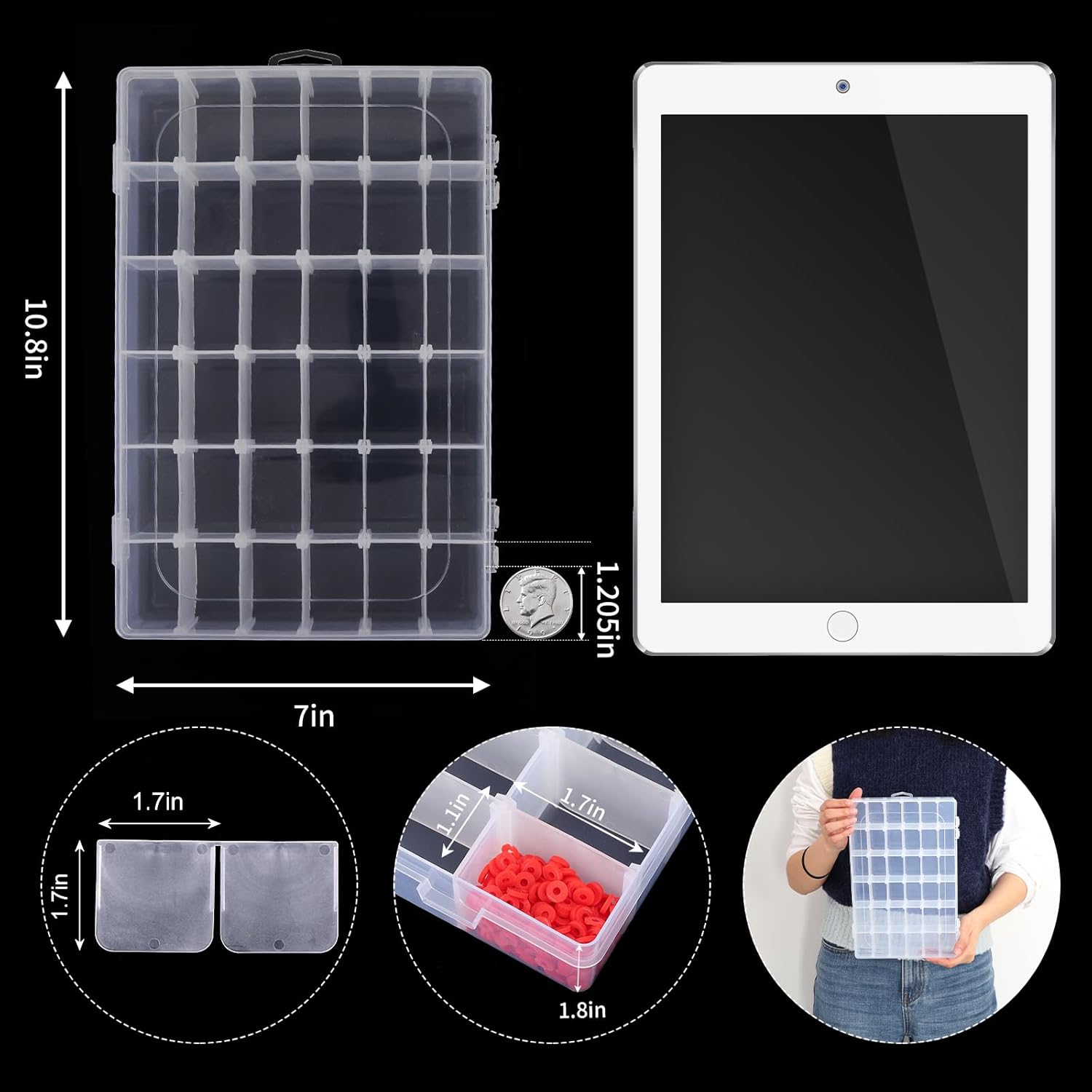 2 Pack Clear Bead Organizer Tackle Box with Adjustable Dividers for Jewelry Art Craft Containers 36 Grids Compartment with 5 Sheets Label Stickers - Image 2