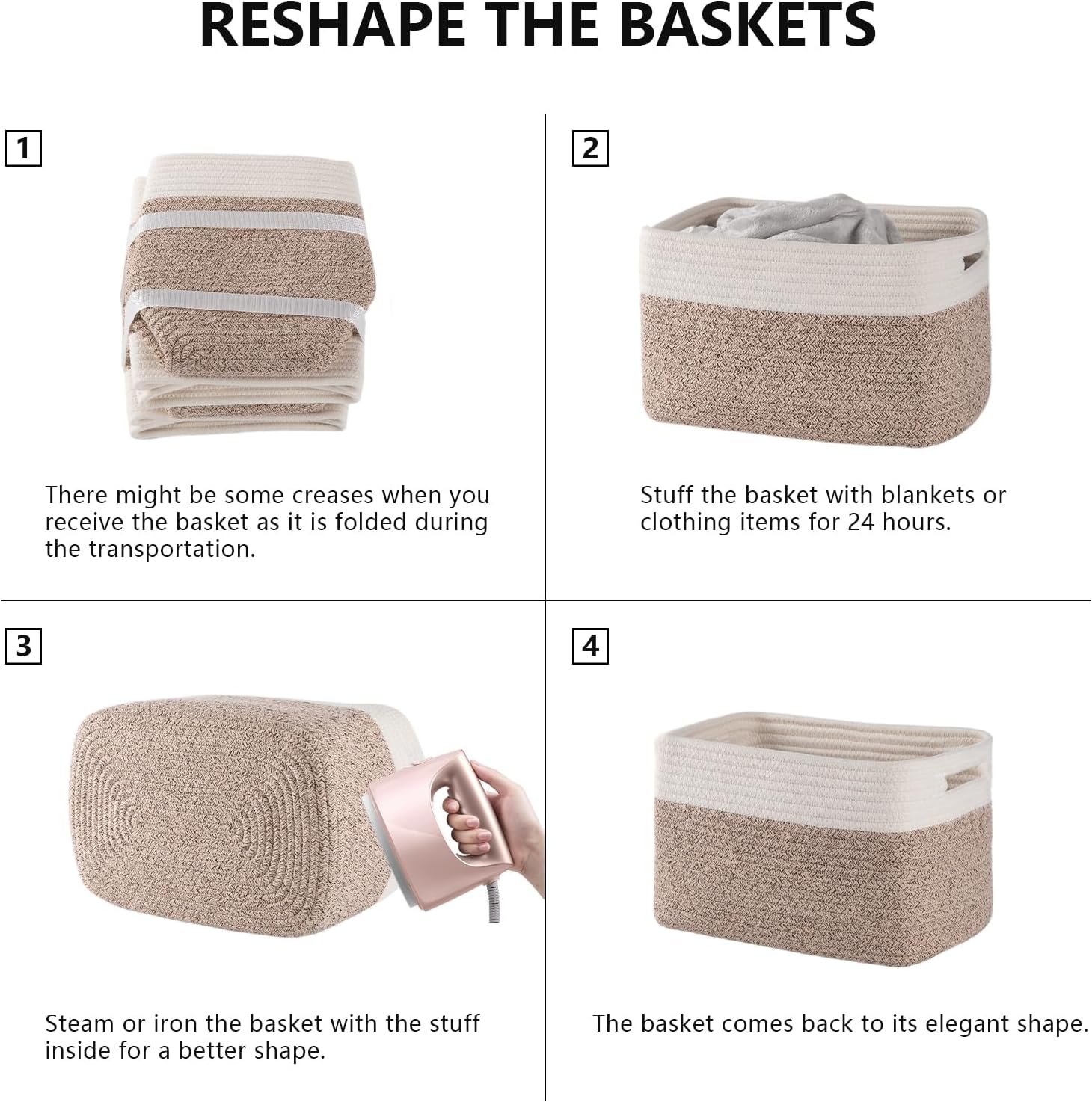4 Pack Storage Baskets for Organizing. Woven Baskets for Shelves - Perfect for Toys. Books. Towels. and Clothes. Durable Gift Basket Bins Toy Storage. 12.7''Lx9''Wx7.8''H. Brown & White - Image 6