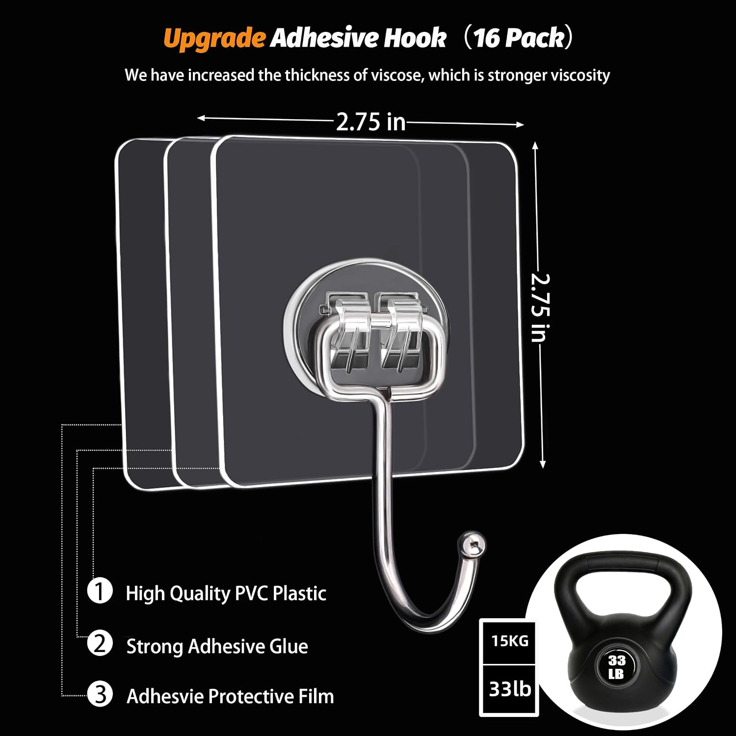 DKHDBD Large Adhesive Hooks. 16-Pack Hold 33lb(Max) Heavy Duty Sticky Hooks. Waterproof Transparent Hooks for Hanging. Self-Adhesive Traceless Clear Wall Hooks to Use for Keys Robe & Towel - Image 2