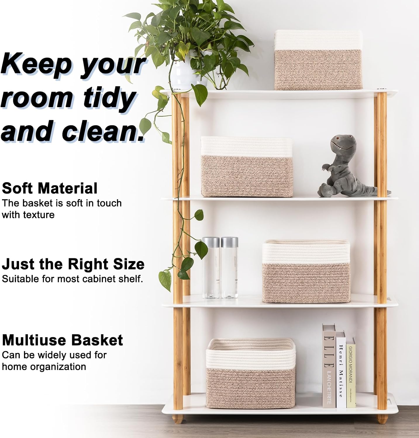 4 Pack Storage Baskets for Organizing. Woven Baskets for Shelves - Perfect for Toys. Books. Towels. and Clothes. Durable Gift Basket Bins Toy Storage. 12.7''Lx9''Wx7.8''H. Brown & White - Image 2