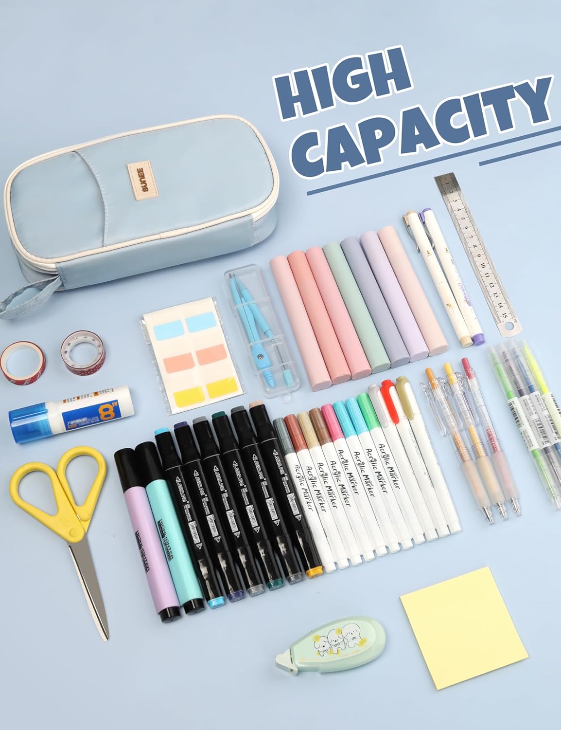 SUNEE Cute Pencil Case. Aesthetic Pen Pouch. Colored Large Pencil Bag with Zipper. Kawaii Stationery Storage and Organizer. School Supplies for Teen and Adult Girls. Blue - Image 2