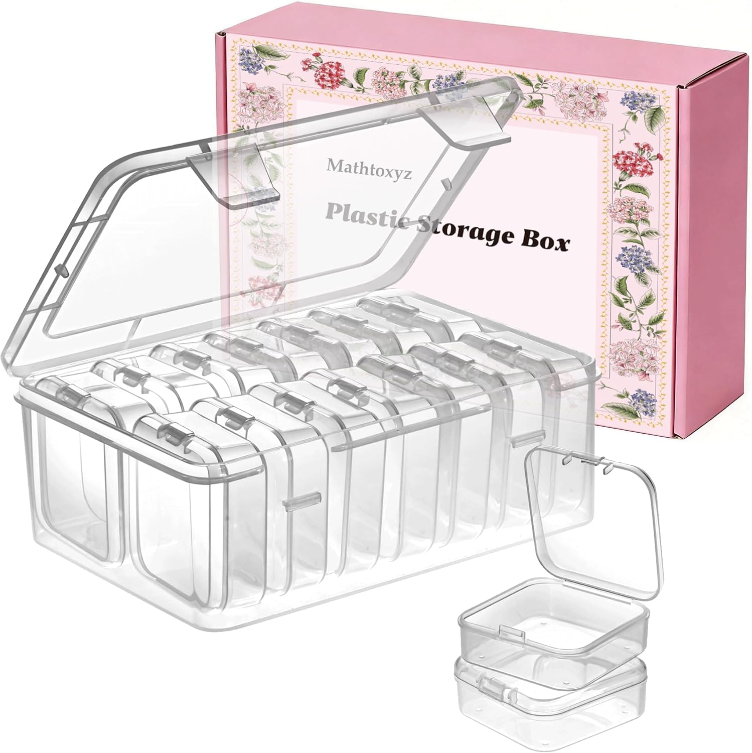 Mathtoxyz Small Bead Organizers. 14 Pieces Plastic Storage Cases Mini Clear Bead Storage Containers Transparent Boxes with Hinged Lid and Rectangle Clear Craft Supply Case