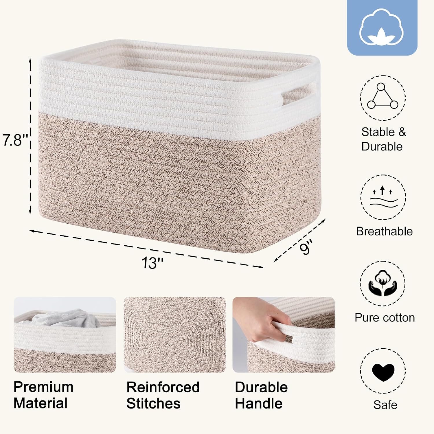 4 Pack Storage Baskets for Organizing. Woven Baskets for Shelves - Perfect for Toys. Books. Towels. and Clothes. Durable Gift Basket Bins Toy Storage. 12.7''Lx9''Wx7.8''H. Brown & White - Image 3