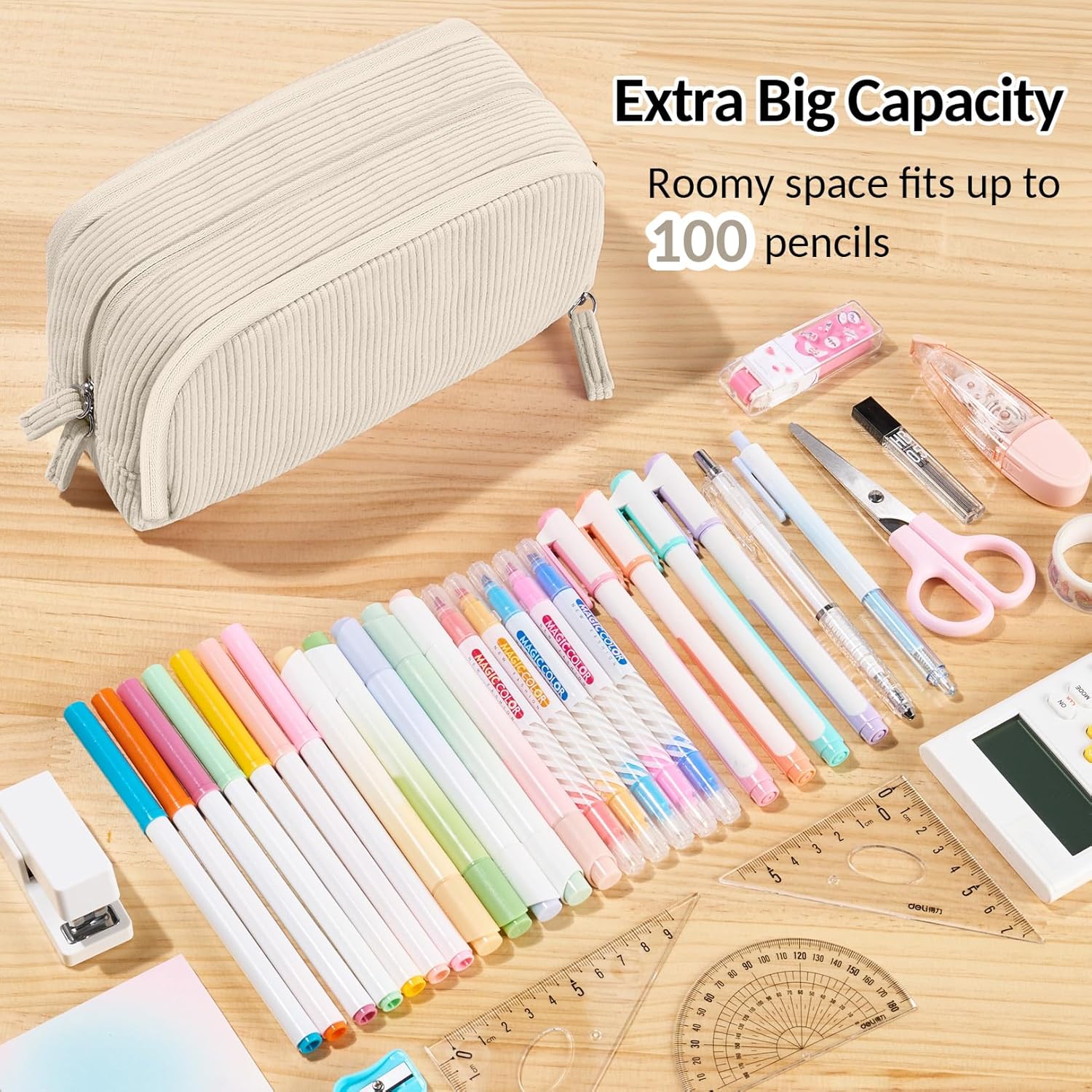 Sooez Big Capacity Pencil Case Pen Pouch. Soft Corduroy Pencil Bag with 3 Compartment. Multiple Pockets. Sturdy Zipper. Cute School Supplies Pen Bag Organizer For Teen Girls College. Beige - Image 3