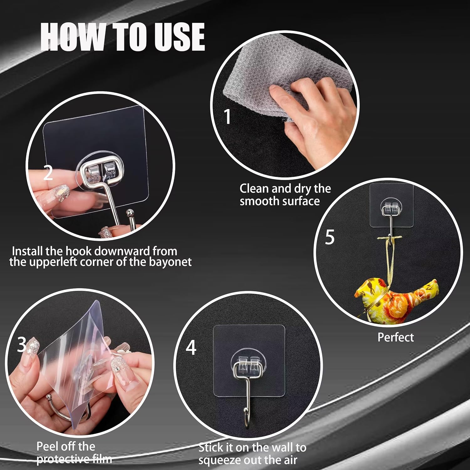 DKHDBD Large Adhesive Hooks. 16-Pack Hold 33lb(Max) Heavy Duty Sticky Hooks. Waterproof Transparent Hooks for Hanging. Self-Adhesive Traceless Clear Wall Hooks to Use for Keys Robe & Towel - Image 7